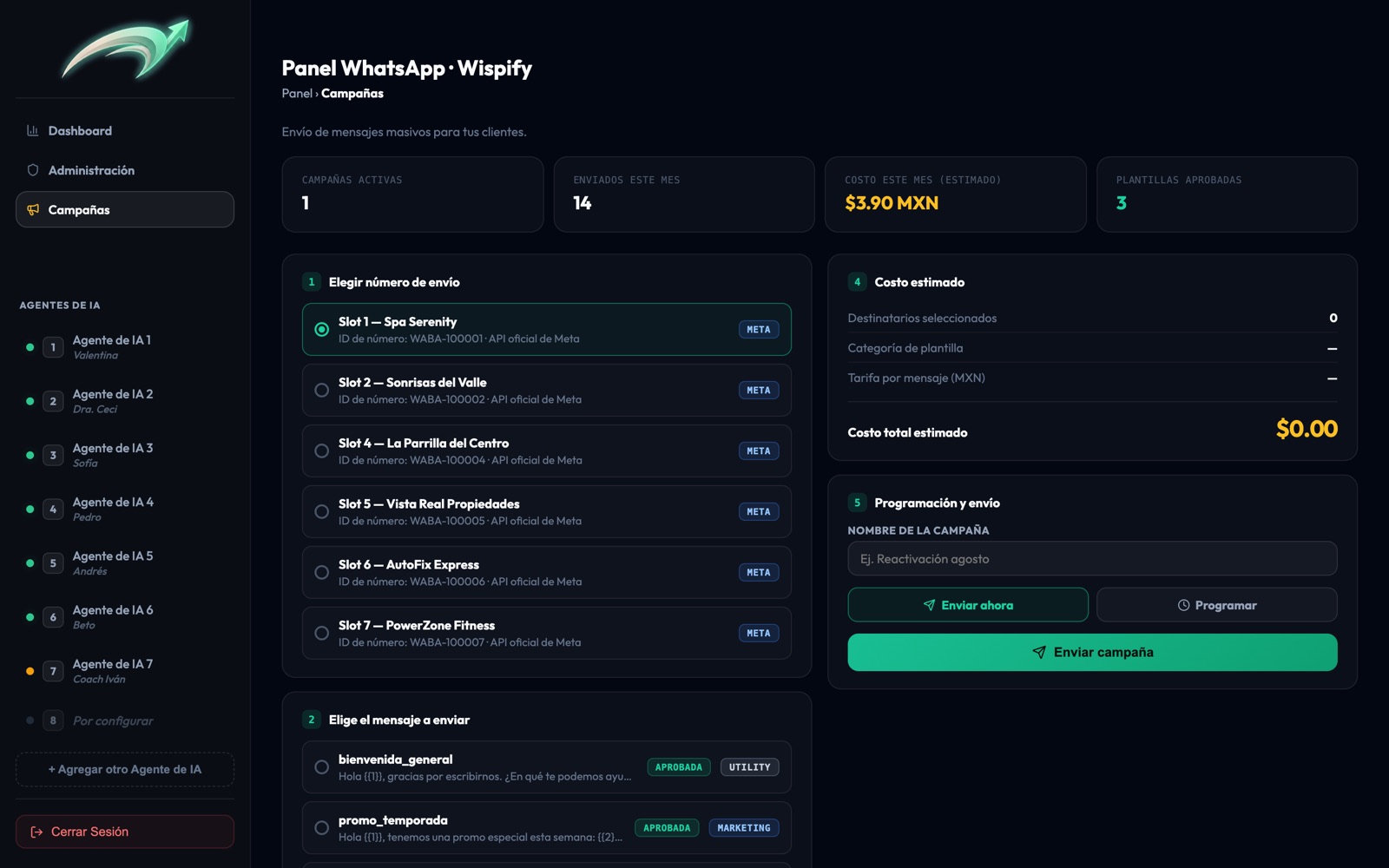 Vista de campañas masivas del panel de Wispify