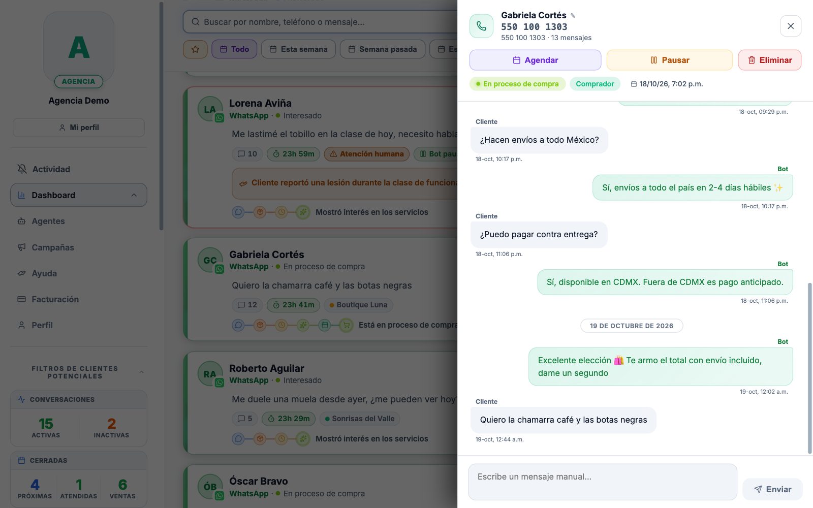 Bandeja de conversaciones con probabilidad de venta por cliente